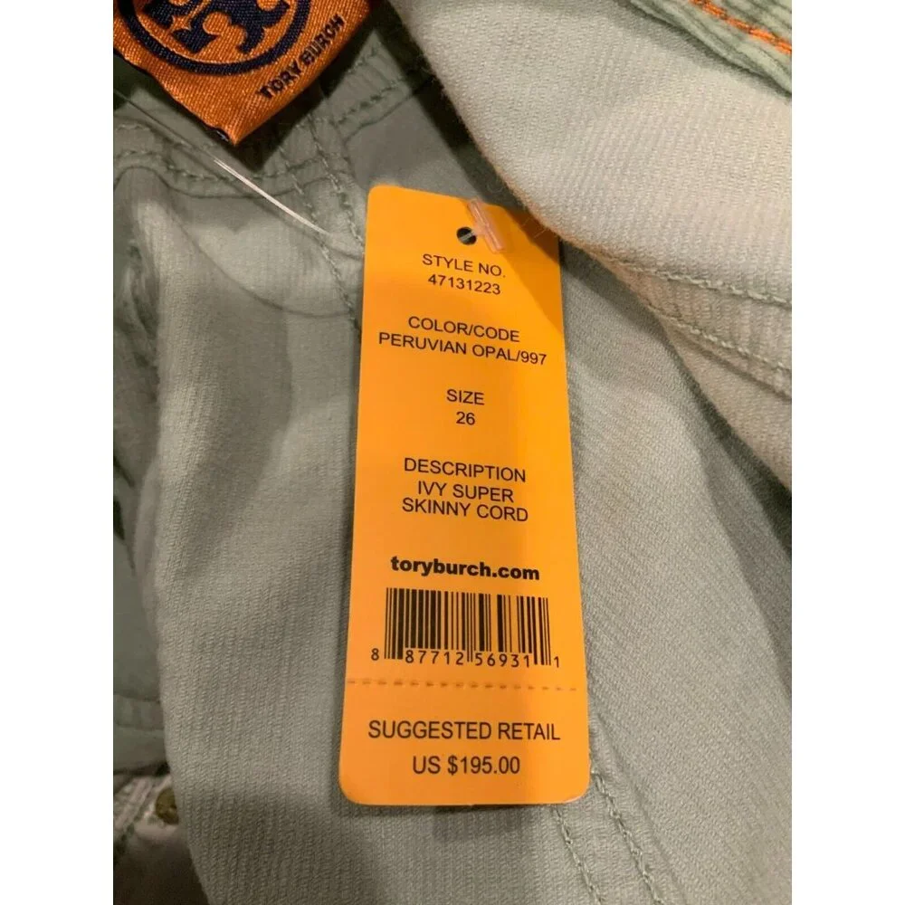 Tory Burch Light Green Ivy Super Skinny Corduroy Pants, Size 26, NWT! $195